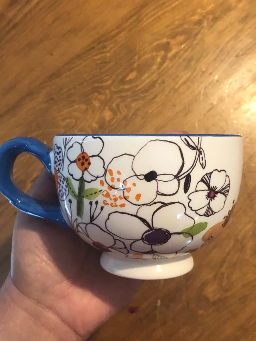 Floral Footed Mug - Boho Wildflower Coffee Cup with Bird Inside - Blue Handle